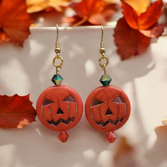 Howlite Jack-O'-Lantern Earrings | Halloween Jewelry