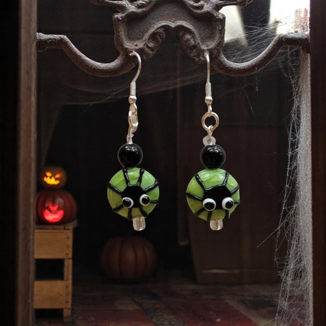 Spider Dangle Earrings | Green Lampwork Fall Jewelry