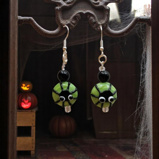Spider Dangle Earrings | Green Lampwork Fall Jewelry