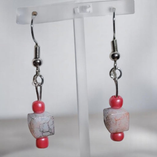 Peach & Marble Cube Glass Bead Earrings | 1" Drop, Nickel-Free
